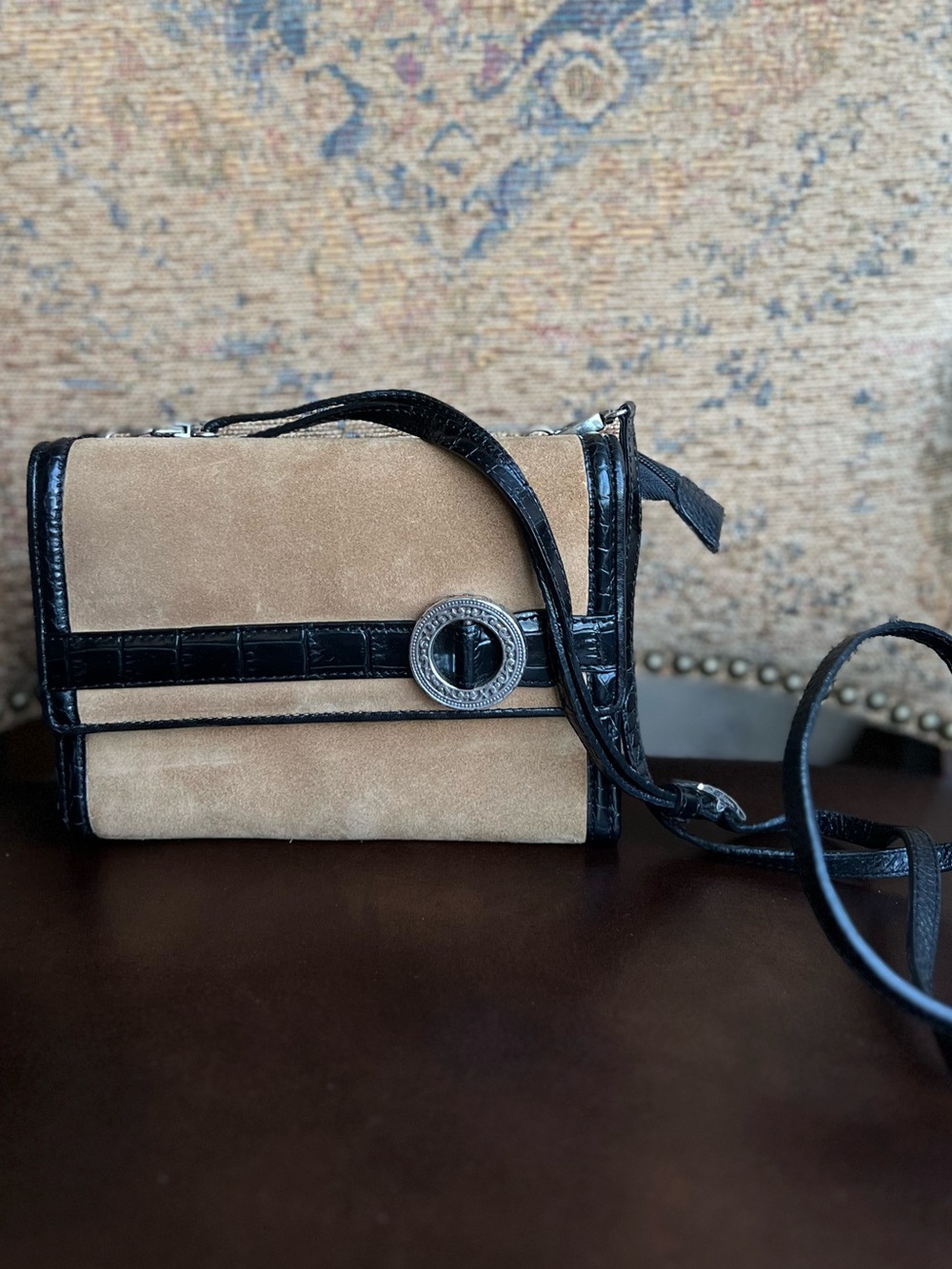 Vintage Brighton Tan Suede and Black Croc Embossed Leather Crossbody Bag